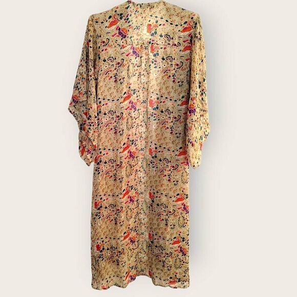 XXI LA Womens Coverup Sz Small Sheer Floral‎ Beige Kimono Midi Beach Coastalcore - Picture 2 of 8